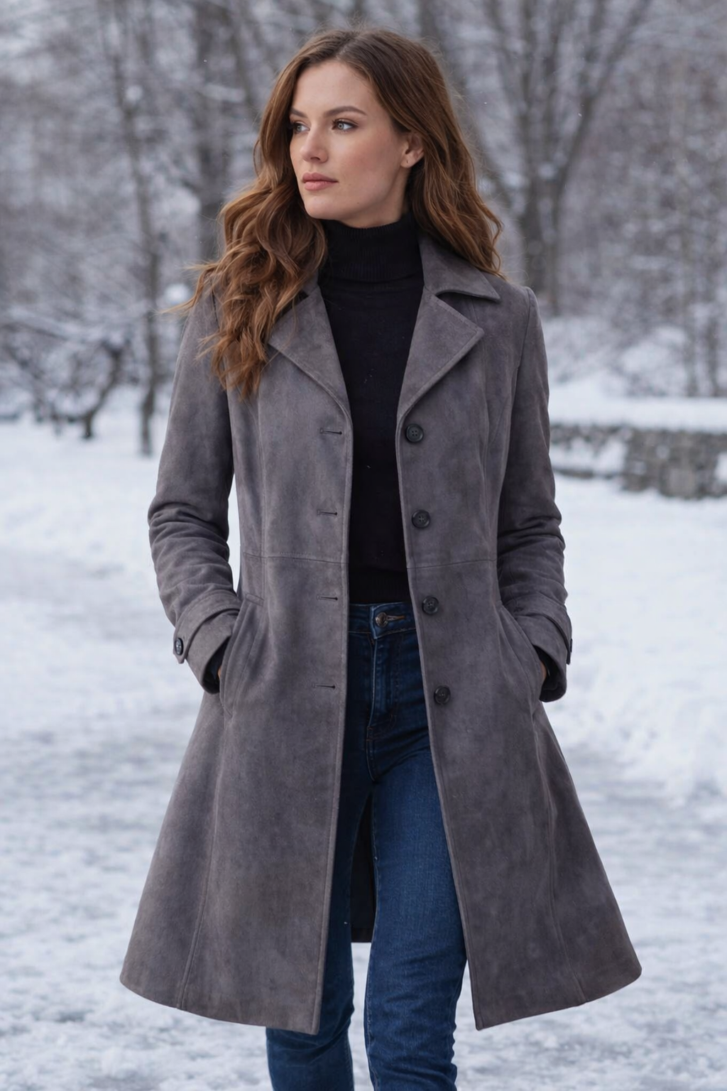 Klassischer Damen Langmantel in Wildlederoptik, perfekt für elegante Herbst- & Winteroutfits.