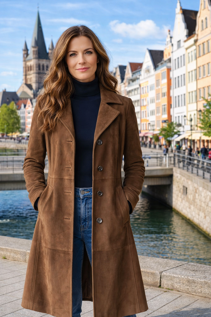 Damen Langmantel Wildlederoptik, elegant & tailliert für schmeichelhafte Silhouette.