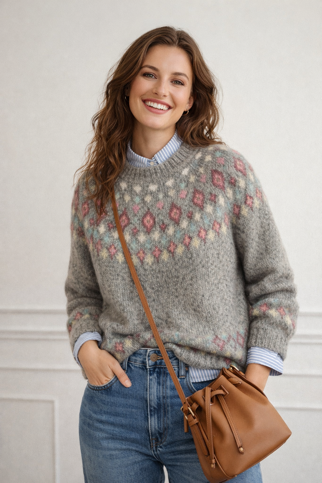 Eleganter Damen Strickpullover mit auffälligem nordischen Muster, weich und warm für kalte Tage.