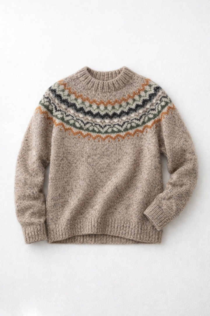 Bequemer Damen Strickpullover mit lockerem Schnitt und klassischem nordischem Strickmuster für den Winter.