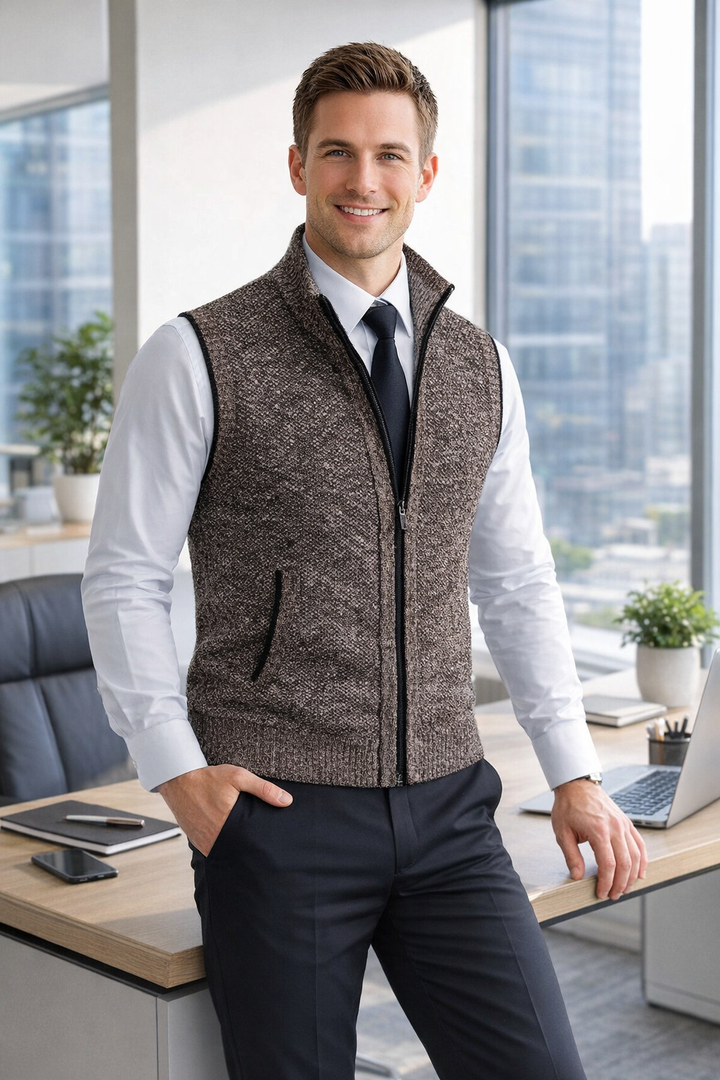 Elegantes schwarzes Herrengilet mit Reißverschluss für vielseitige Anlässe.