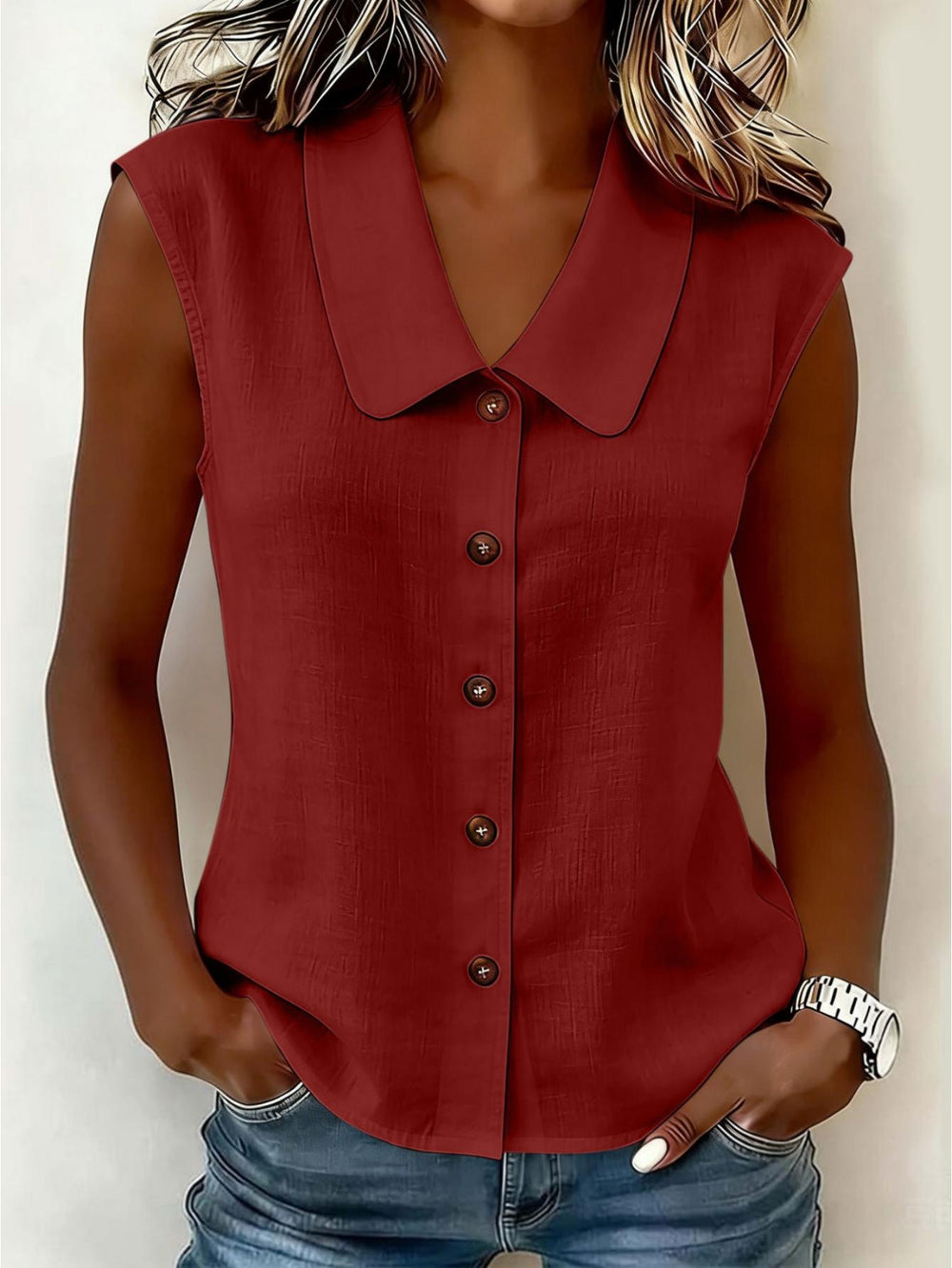 Elegantes Damen Blusentop mit Kragen, ärmellos, ideal für Büro oder schicke Anlässe.