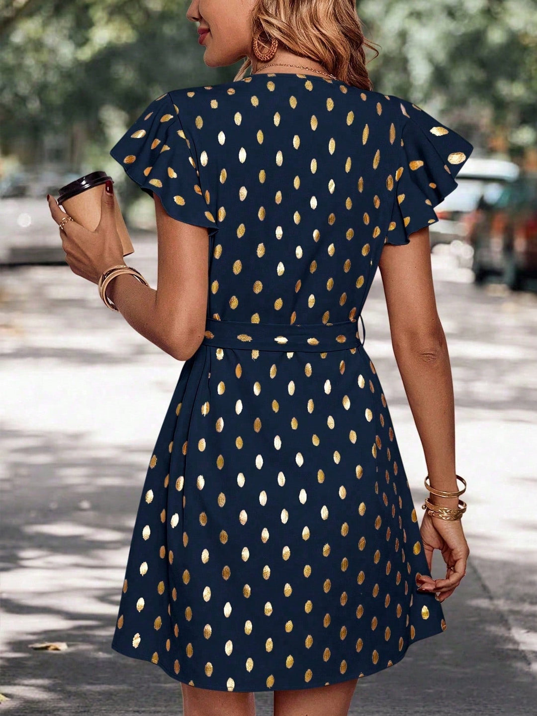 Festliches Damenkleid, Midi-Länge, gepunktet, A-Linie, Langarm, elegant und vielseitig.