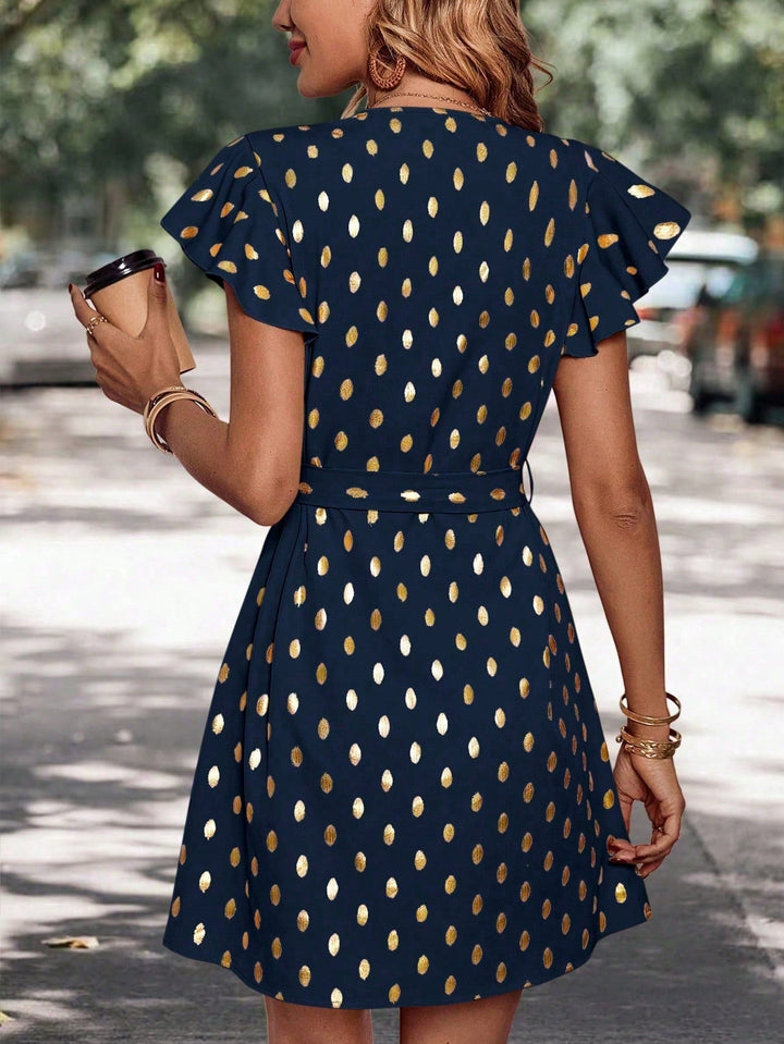 Festliches Damenkleid, Midi-Länge, gepunktet, A-Linie, Langarm, elegant und vielseitig.