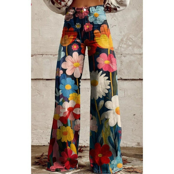 Elegante Retro-Schlaghose für Damen, mit detailliertem Blumenmuster, ideal für modische Auftritte.