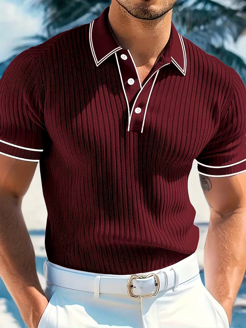 Stilvolles Herren Kurzarm Polohemd mit Farbblock-Design. Casual Sommer-Shirt in Blau, Rot, Weiß & Grau.