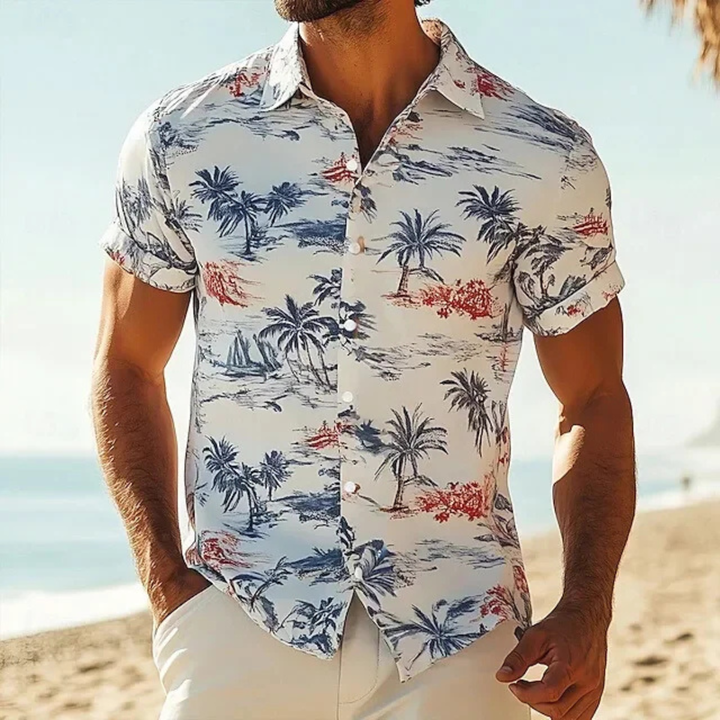 Gefaltetes Herren Sommer Kurzarmhemd. Bequemes, atmungsaktives Freizeithemd mit Palmenprint für Strand und Urlaub.