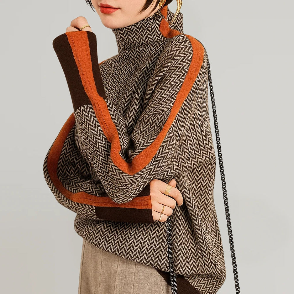 Warmer Damen Strickpullover mit bequemen Stehkragen. Ideal als Freizeitpullover mit modischem Streifenmuster.