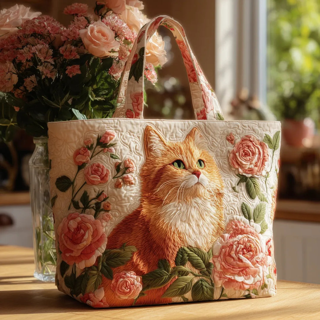 Einzigartige Damen Handtasche: Rote Katze mit Rosa Rosen. Handgefertigte, gesteppte Schultertasche, ein Alltags-Unikat.