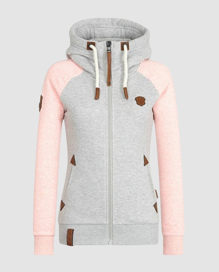 Aktive Damen Kapuzen-Sweatjacke, zweifarbig, mit Reißverschluss. Lässiger Stil für Sport, Freizeit und bequemen Tragekomfort.