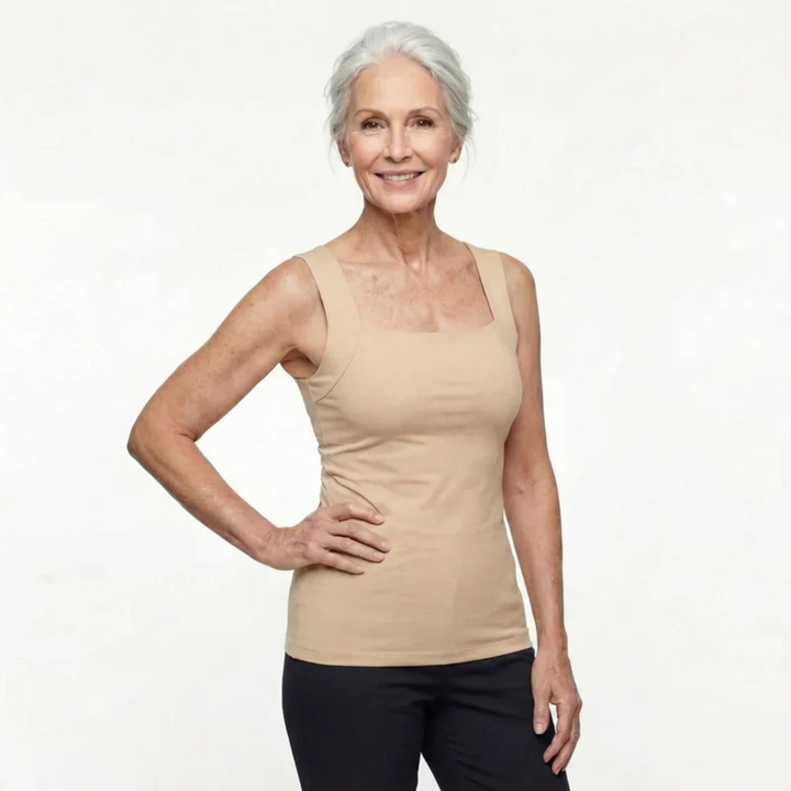 Alltagstaugliches Damen Tanktop mit integriertem BH, diskret und unterstützend.