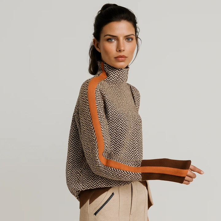 Eleganter Damen Pullover mit Stehkragen und klassischem Streifenmuster. Modischer Strickpullover für den Winter.