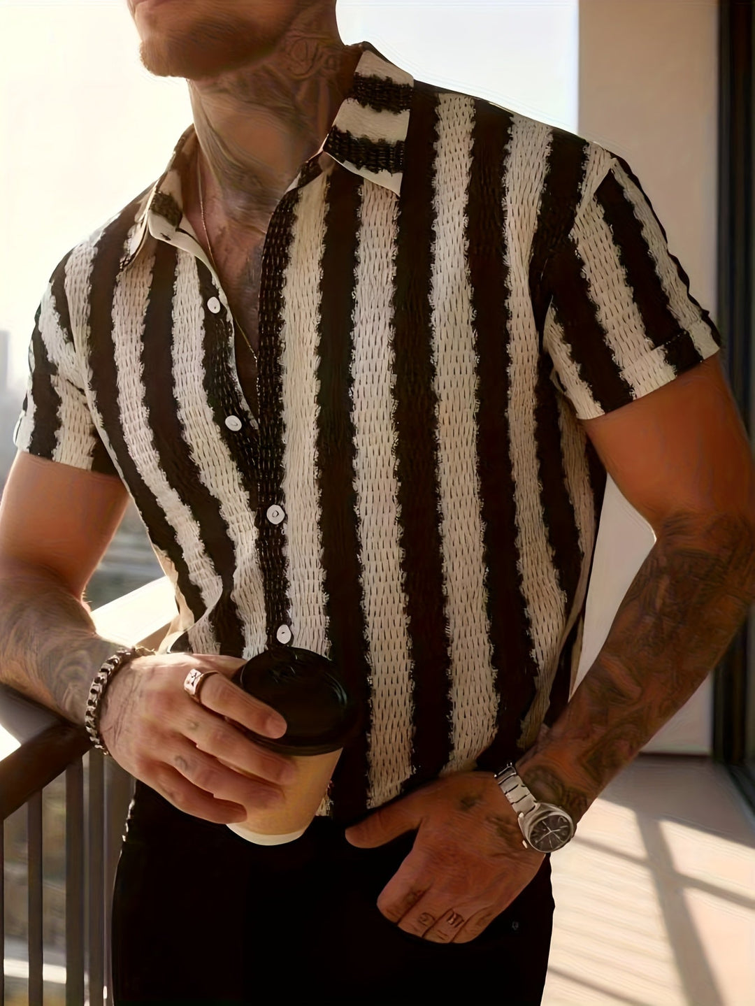 Stilvolles Herren Streifenhemd Kurzarm mit Fransen, perfekt für sommerliche Freizeit-Outfits und Ausgehen.