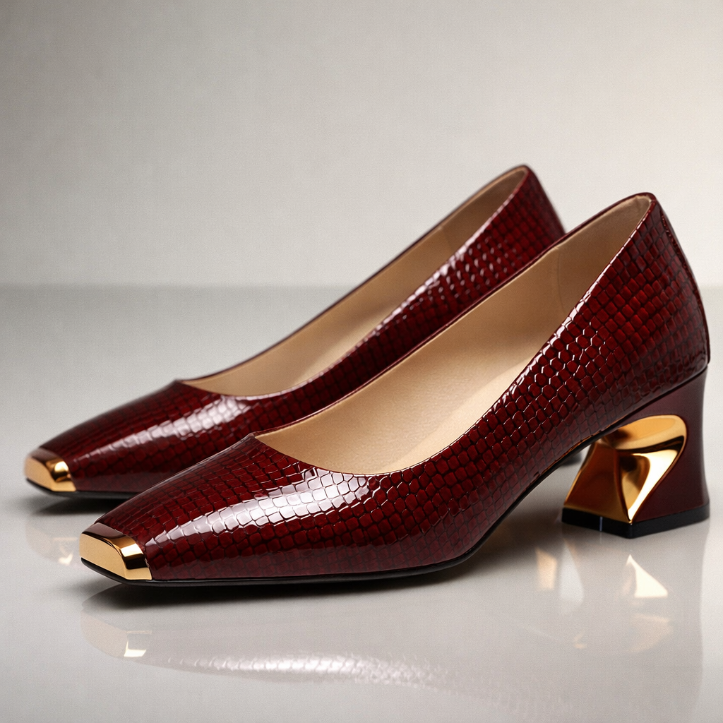 Elegante rote Damenpumps mit stabilem Blockabsatz und glänzenden Metallic-Details. Komfortable Abendschuhe.