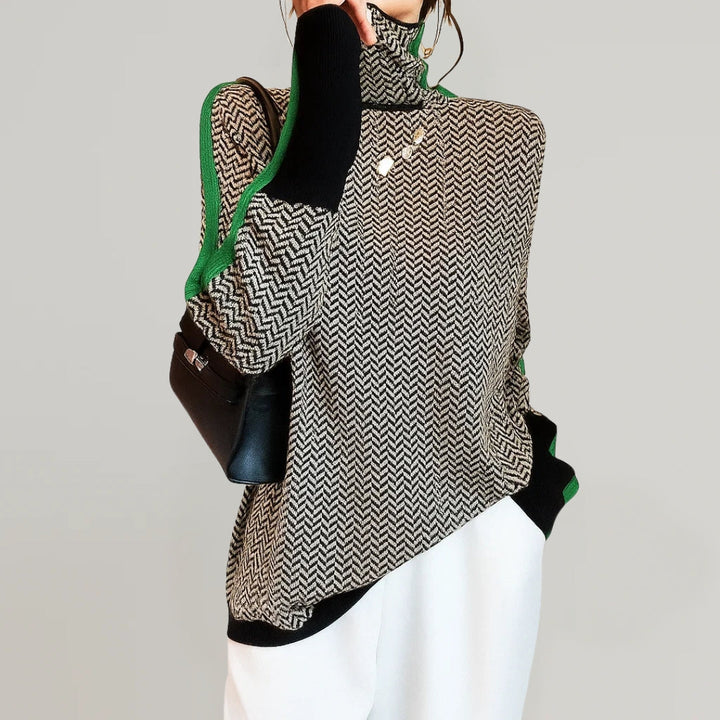 Stilvoller Damen Stehkragen-Pullover mit trendigem Streifenmuster. Perfekter Freizeit- oder Eleganter Pullover.