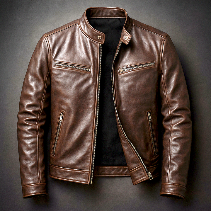 Modell trägt stilvolle Herren Vintage Jacke, leicht & bequem für Freizeit & Outdoor.