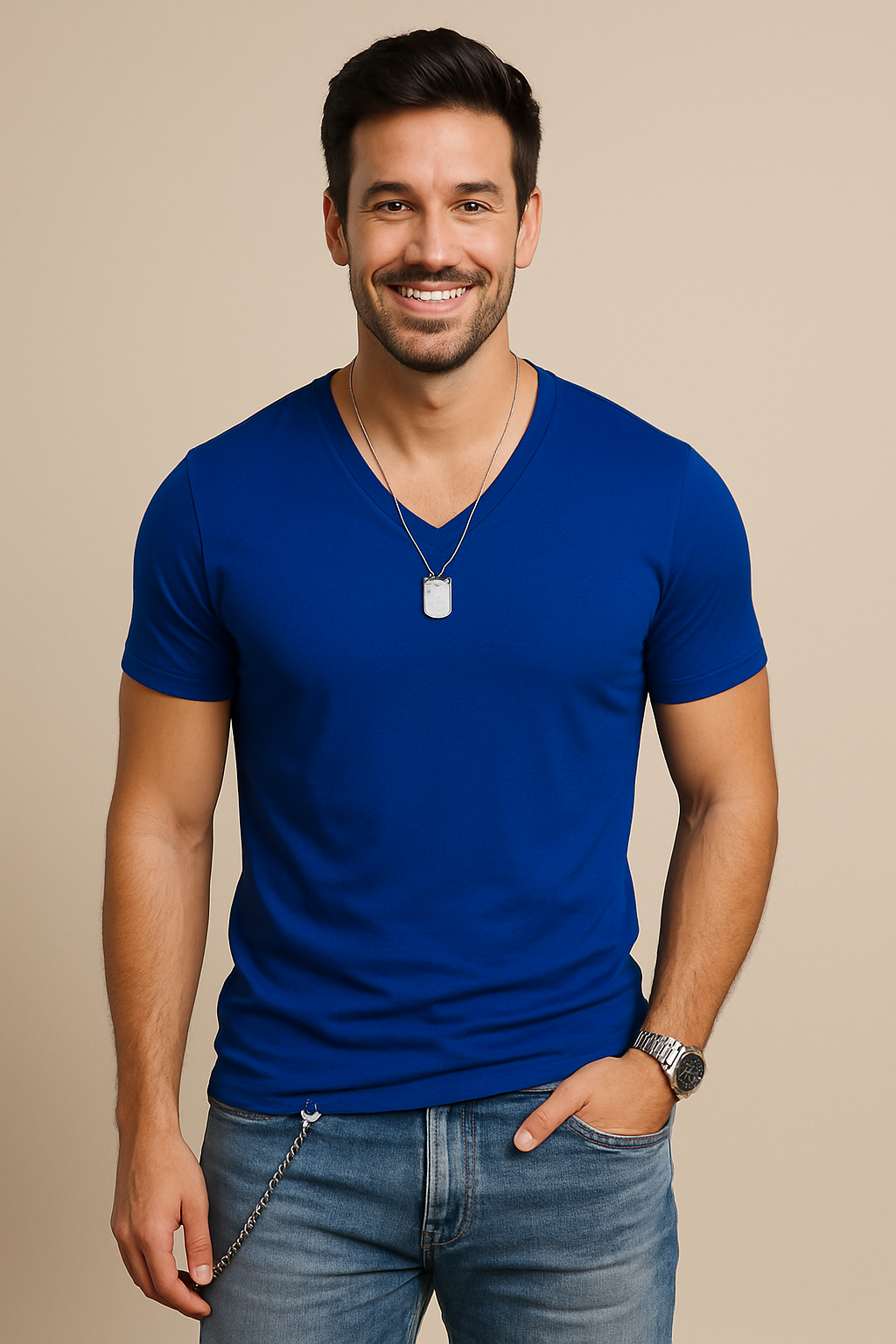 Bequemes Herren V-Ausschnitt T-Shirt in modernem Design. Komfortables Kurzarm-Shirt für warme Sommertage.