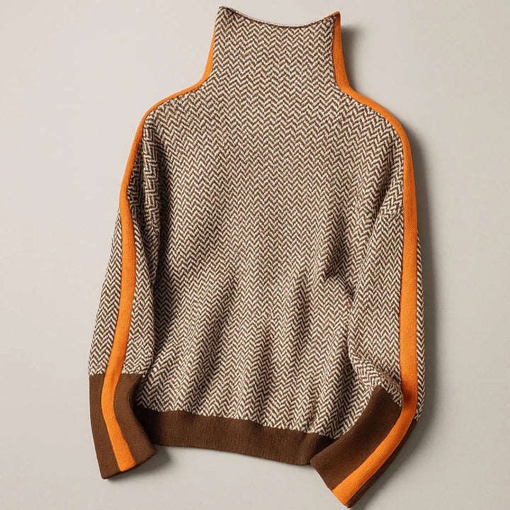 Damen Winterpullover mit feinem Streifenmuster und Stehkragen. Hochwertiger Strickpullover für stilvolle Damenmode.
