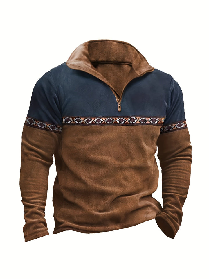 Eleganter Herren Freizeitpullover braun mit blauem Ethno-Muster, langarm & Halb-Reißverschluss