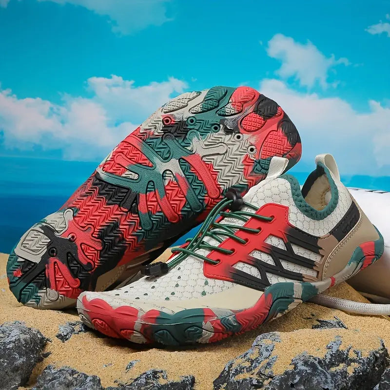 Elegante bunte Damen-Wasserschuhe in Seitenansicht. Modische Barfußschuhe, leicht & bequem für den Sommer.