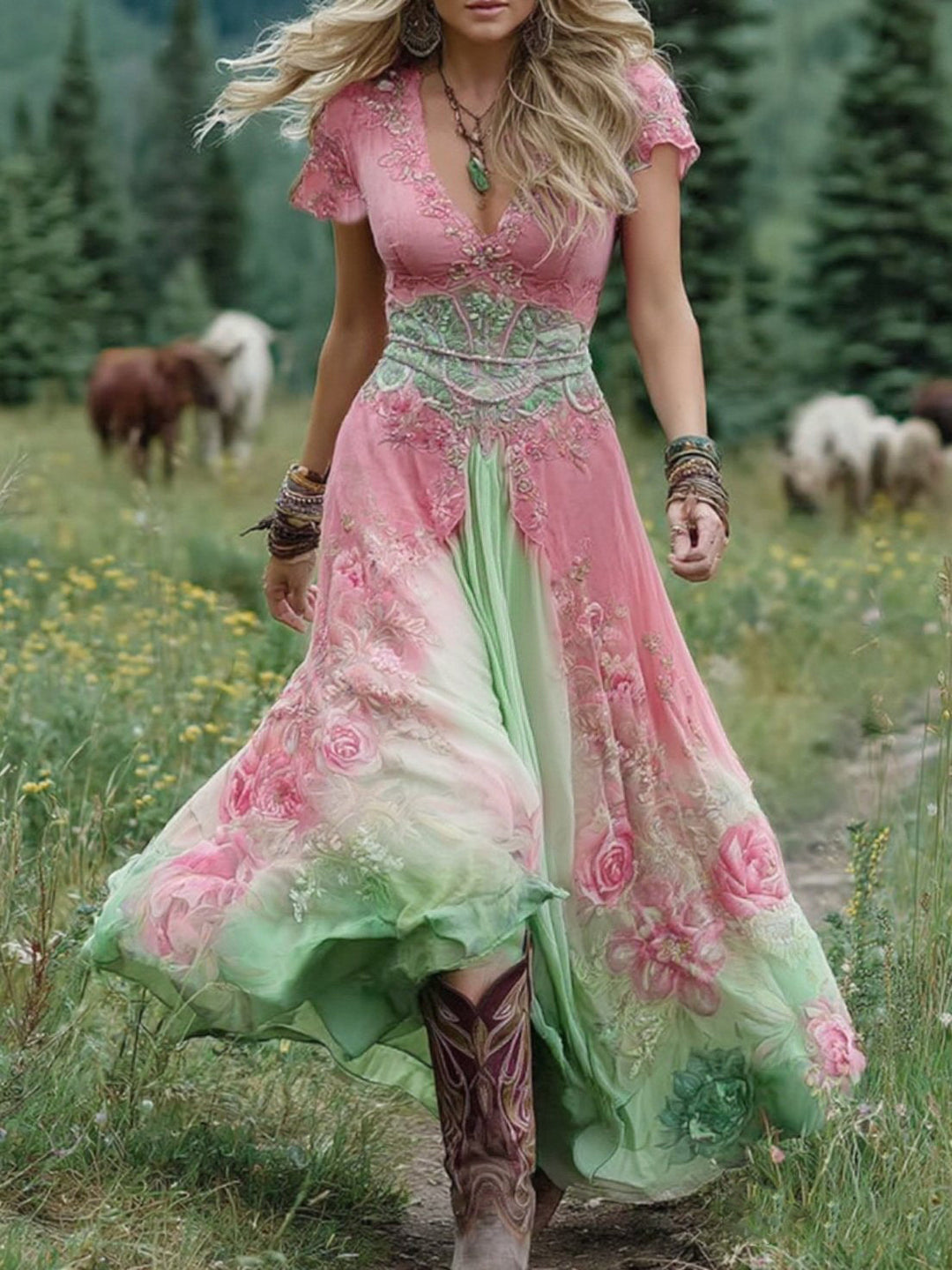 Detailreiches Damen Maxikleid mit eleganter Blumenstickerei, V-Ausschnitt, vielseitig als Sommer- oder Festkleid.