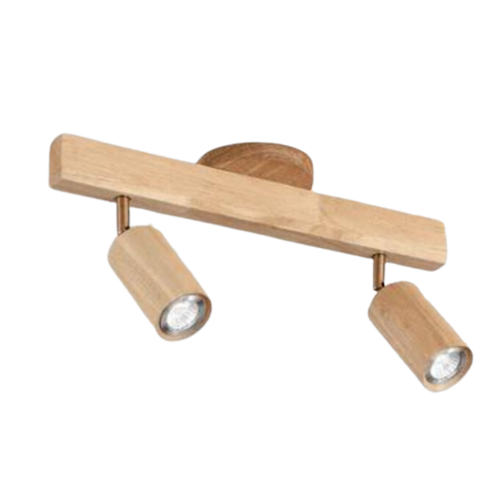 Holz-Deckenlampe mit verstellbaren LED-Spots, modern, für Innenräume.