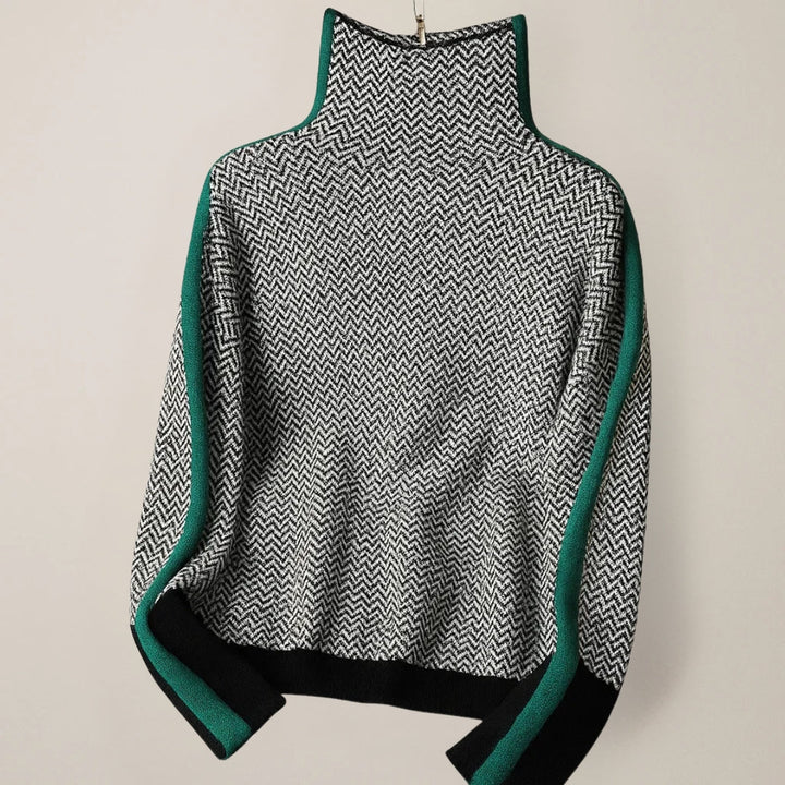 Modischer Damen Strickpullover mit klassischem Streifenmuster und wärmendem Stehkragen. Vielseitiger Winterpullover.