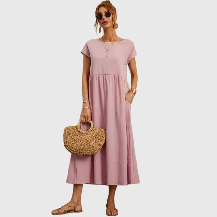 Modernes Damen Midikleid, lockerer Schnitt, Kurzarm, Rundhals, ideal für einen entspannten Sommer.