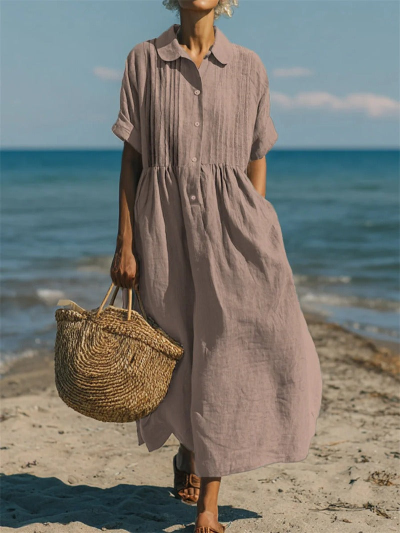 Elegantes, luftiges Damen Maxikleid mit Pintuck-Kragen, ideal für entspannte Sommeroutfits.