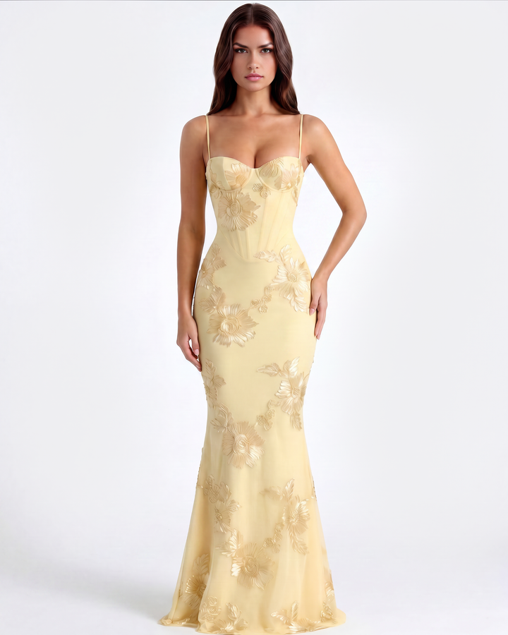 Festliches Damen Maxikleid in Buttergelb, mit exquisiten Blumenapplikationen, ideal für Gala & Partys.