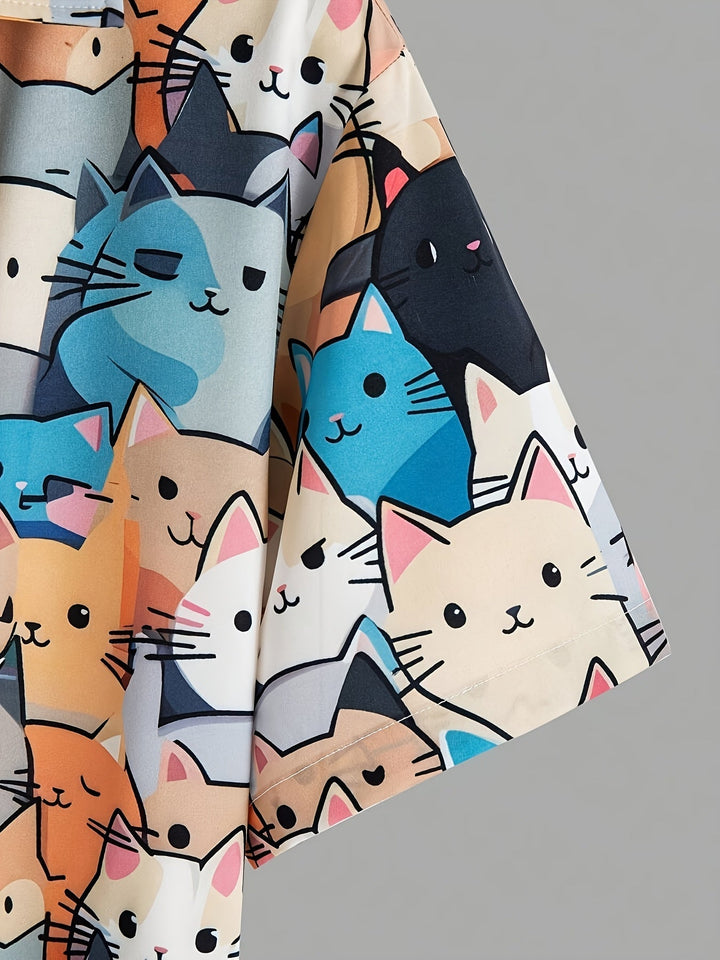 Nahaufnahme des lustigen Katzen-Prints auf dem kurzärmligen Herren Freizeithemd mit lebhaften Farben.