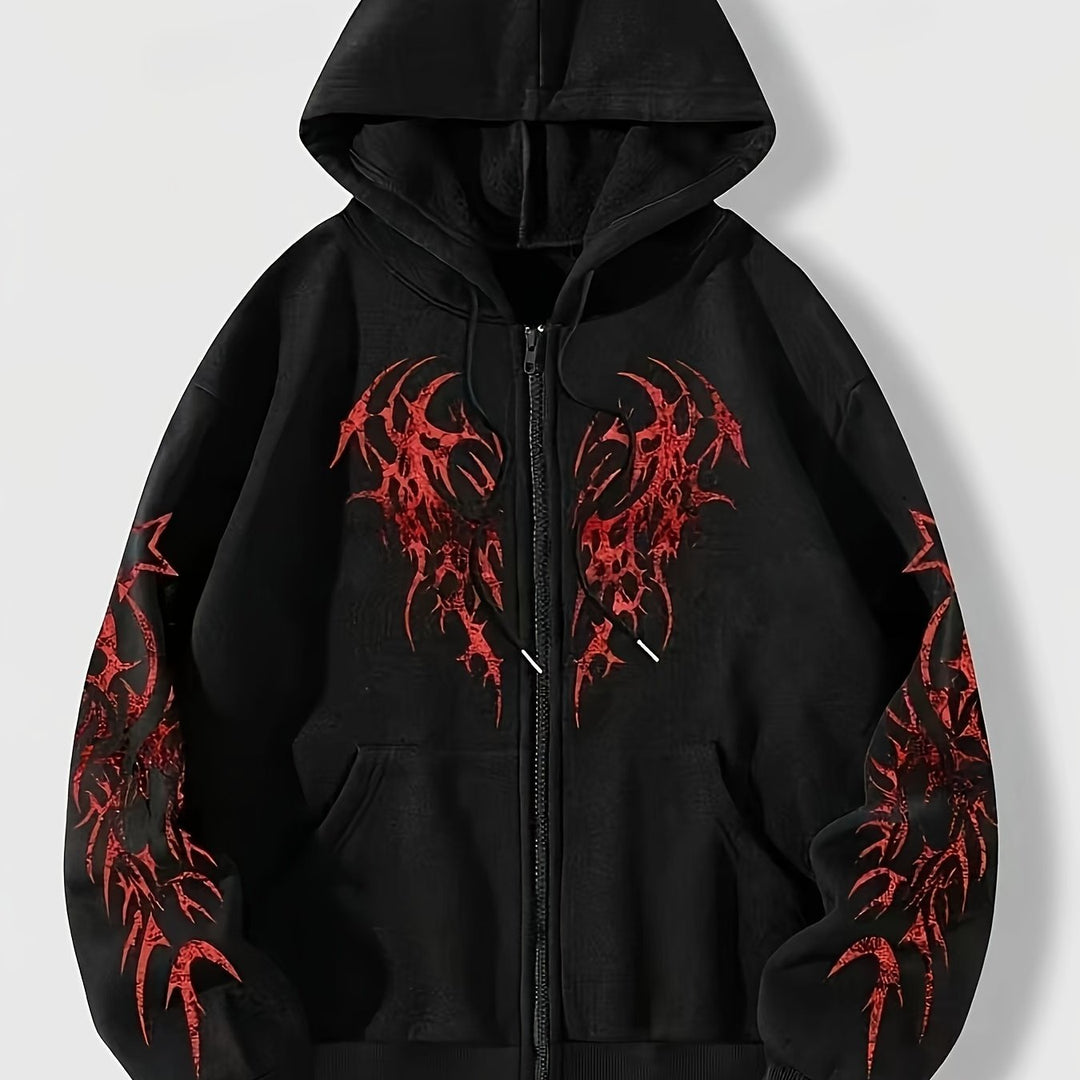 Herren Kapuzenjacke mit durchgehendem Reißverschluss und dramatischem Tribal-Flügel-Print, Männer Sweatshirt.