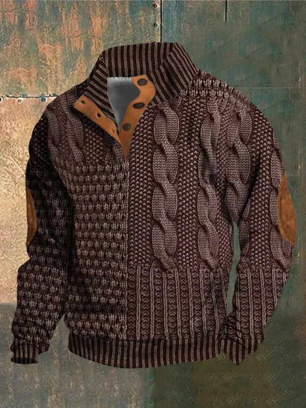 Eleganter Herren Winterpullover, Patchwork & Zopfmuster, mit praktischem Knopfkragen. Bequem.