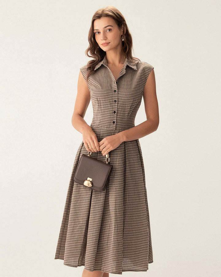 Elegantes kariertes Damen-Midikleid für den Herbst mit Knopfleiste, A-Linie und Faltenrock.