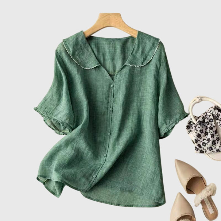 Klassische Damen Kurzarm Knopfbluse Sophie, elegant für Büro und Freizeit, vielseitig kombinierbar.