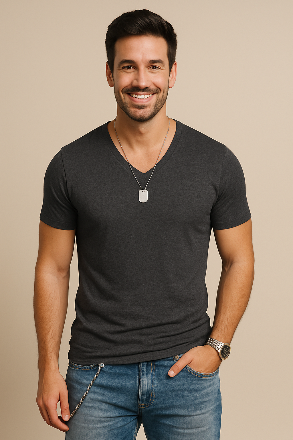 Stilvolles Herren V-Ausschnitt T-Shirt. Vielseitiges Kurzarm-Oberteil für modische Sommer- & Freizeitlooks.