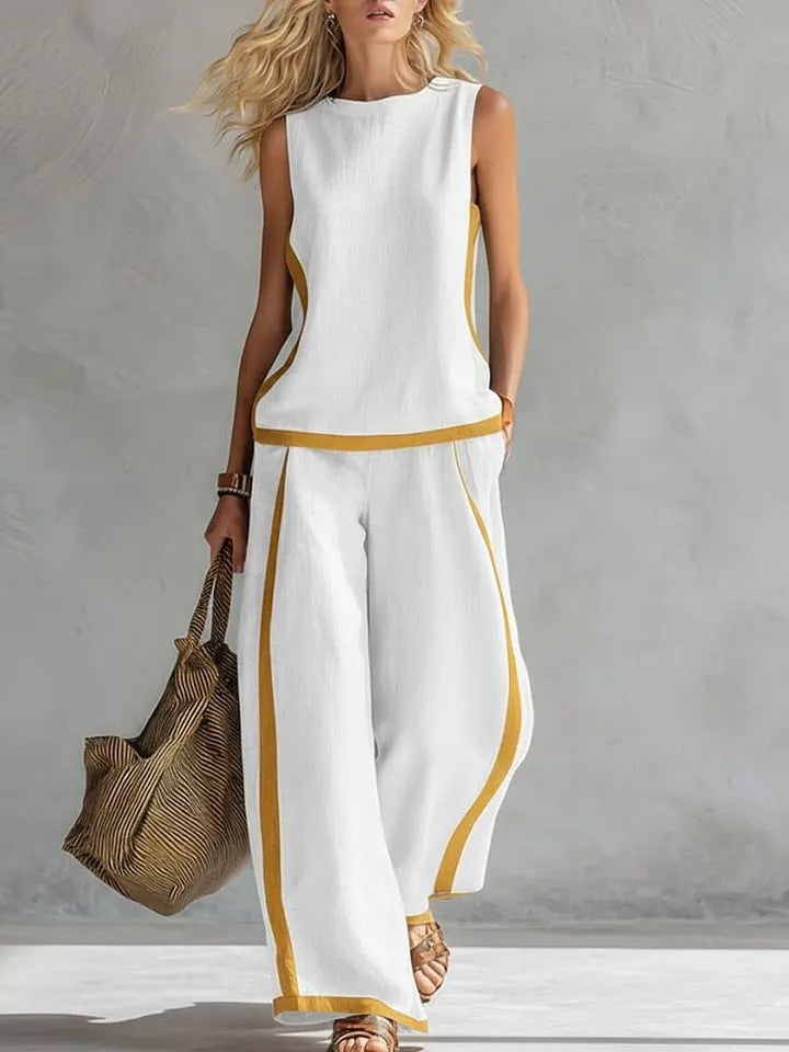 Damen Zweiteiler mit ärmellosem Top und weiter Hose im eleganten Farbblock-Design für Sommer und Freizeit.