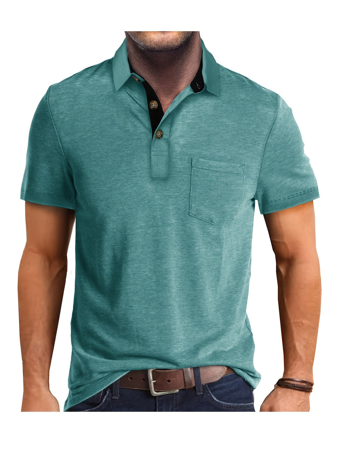 Stilvolles Herren Poloshirt, schwarz. Mit praktischer Brusttasche und elegantem Kontrastkragen. Business Casual.