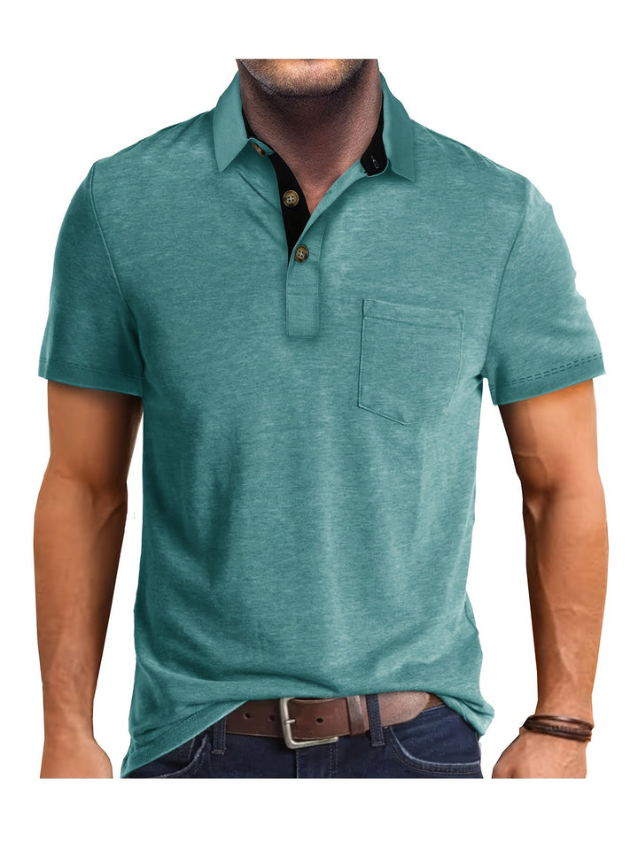 Stilvolles Herren Poloshirt, schwarz. Mit praktischer Brusttasche und elegantem Kontrastkragen. Business Casual.
