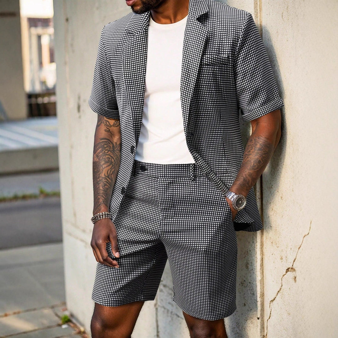 Eleganter schwarzer Herren Business Slim Fit Anzug, kariert, Zweiteiler für formelle Anlässe und Büro.
