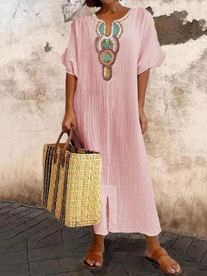 Stilvolles Damen Kaftan Maxikleid mit aufwendiger Stickerei. Ein luftiges, langes Sommerkleid für festliche & freie Zeit.