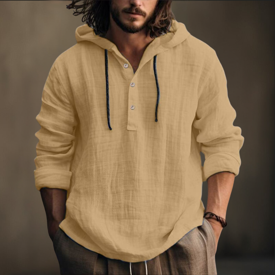 Herren Langarmshirt mit Kapuze & Knopfleiste. Bequemer, lässiger Herrenpullover für vielseitige Casual-Outfits.