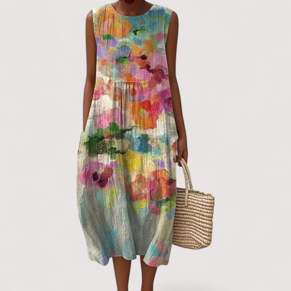 Elegantes, gemustertes Damen Alltagskleid in Rosa. Fließendes Sommerkleid mit lockerer Passform, sehr bequem.