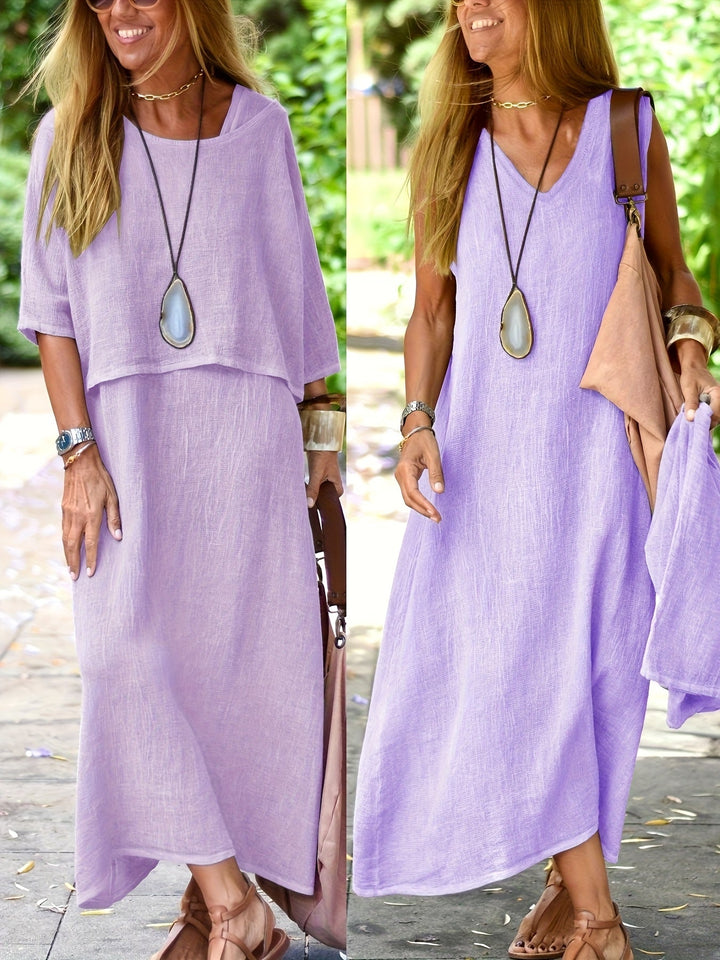 Damen Zweiteiler Maxikleid Set im Boho-Stil. Leichtes Sommer Outfit für stilvolle Freizeitmode.