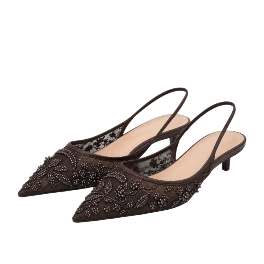 Damen Slingback Pumps, spitze High Heels mit gesticktem Blumenmuster, ideal für elegante Anlässe.
