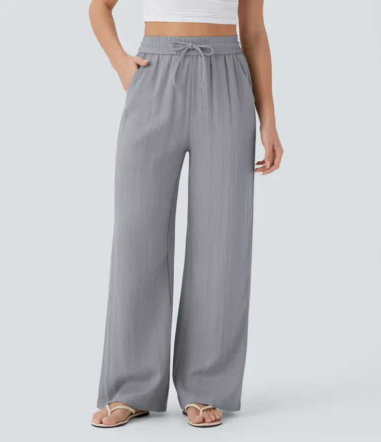 Bequeme Sommerhose für Damen: elegantes weites Bein, Kordelzug. Ideal als Freizeithose & für den Alltag.