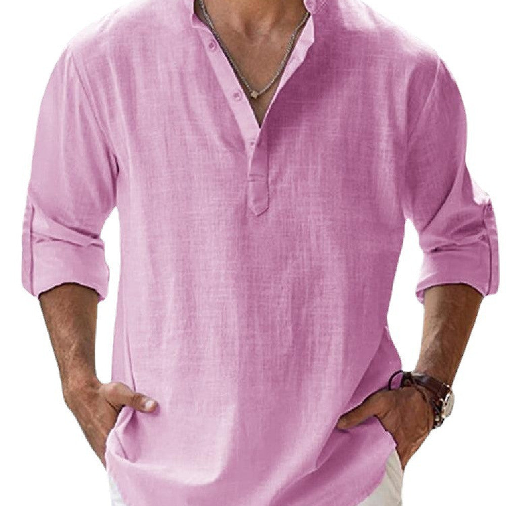 Lässiges Herren Henley-Shirt mit Stehkragen und langen Ärmeln, perfekt für Frühling und Sommer.