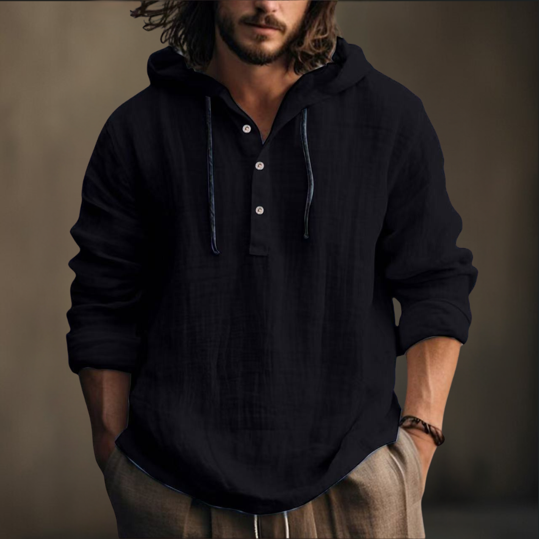 Trendiges Herren Kapuzenshirt mit Knopfleiste. Ein bequemer Herrenpullover für moderne Casual-Herrenmode.