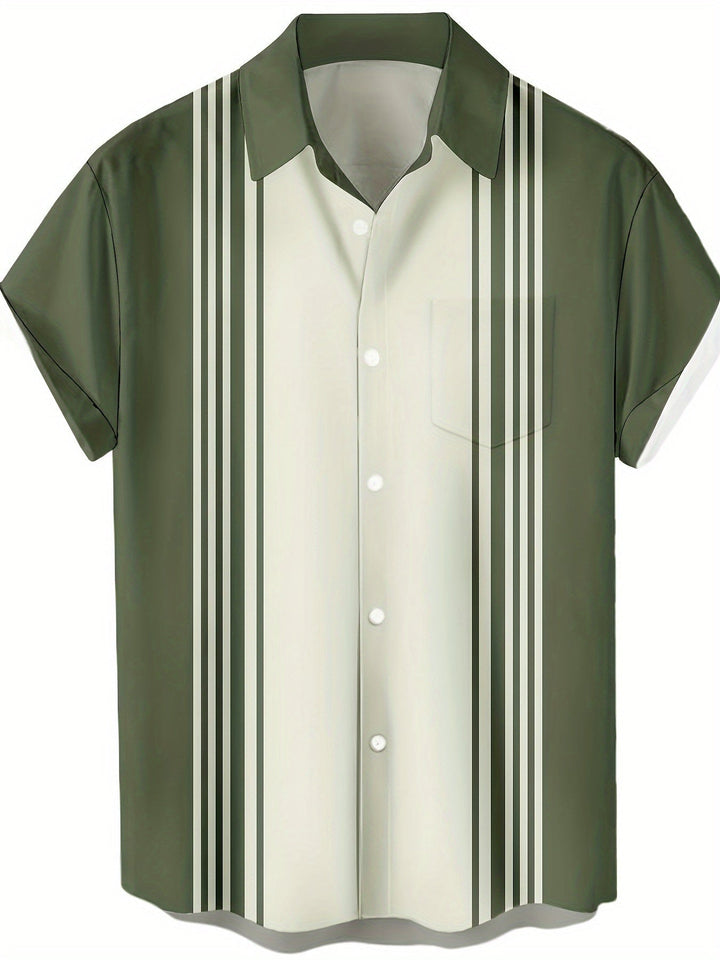 Freizeitmode Herren: gestreiftes Retro-Bowlinghemd, Kurzarm, ideal für Sommerabende und lässige Anlässe.