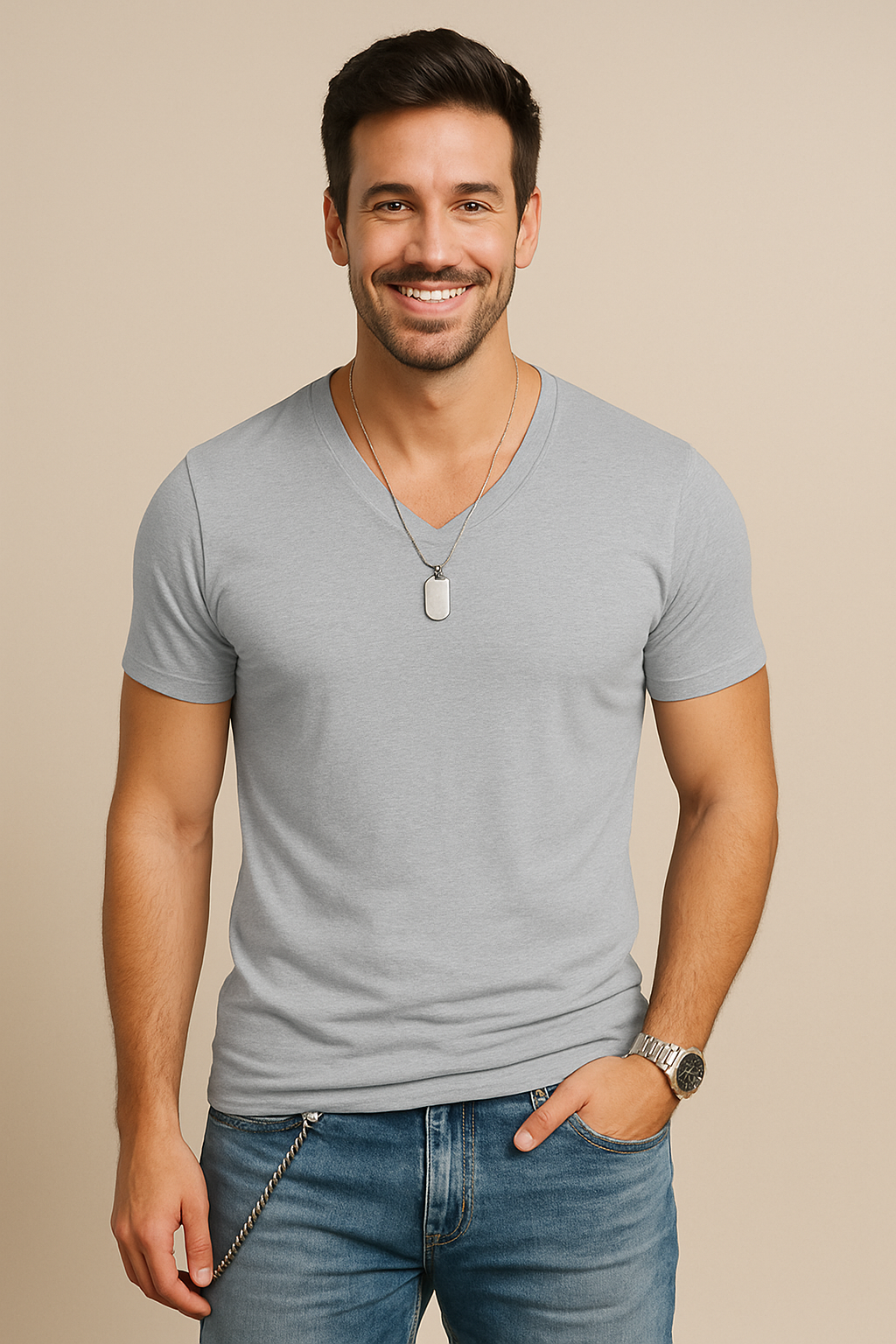 Weiches Herren V-Ausschnitt T-Shirt in klassischer Farbe. Ideales Sommer-Shirt für entspannte Tage & Freizeit.